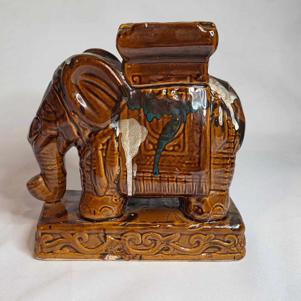 Vintage Style Ceramic Elephant Plant Stand Riser 7" Brown Teal Drip Glaze